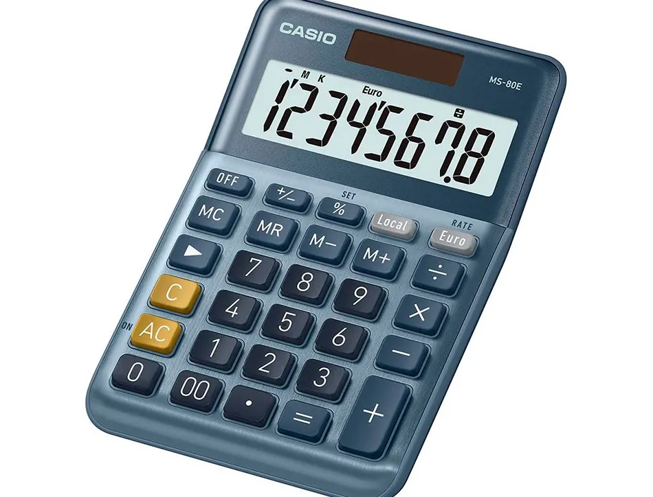 Calculatrice casio bureau ms80e gran ecran 8 chiffres euro convertisseur memoire solaire/pile couleur bleu