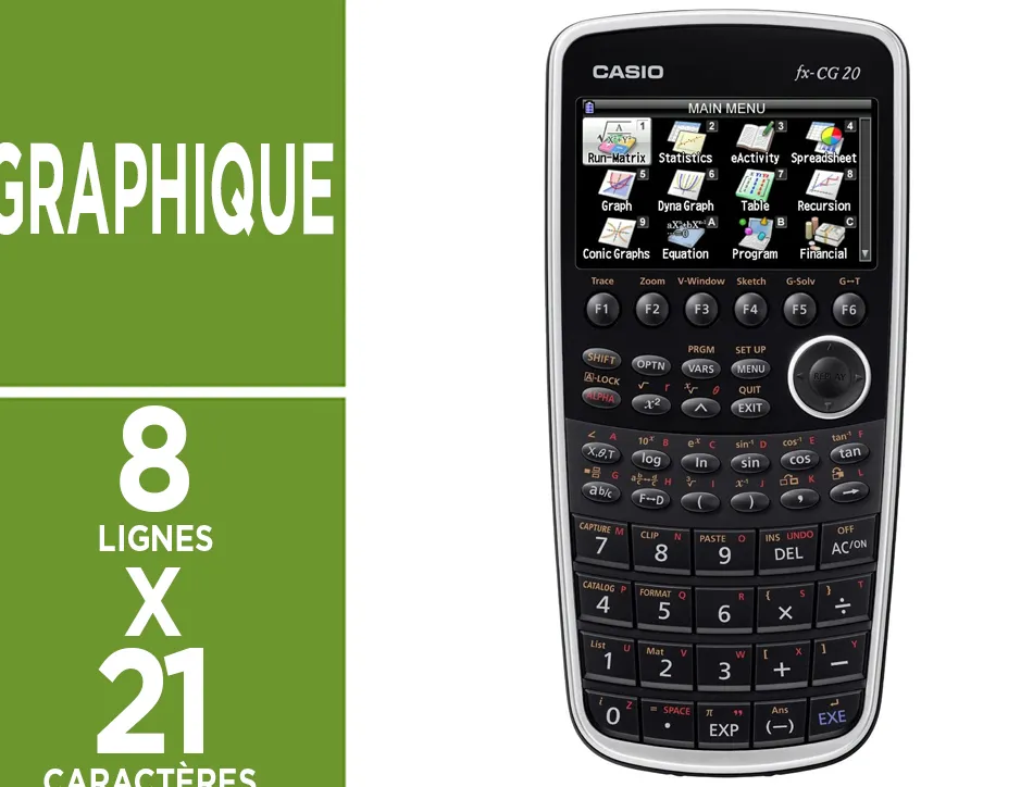Calculatrice casio graphique fx-cg20 21 chiffres écran géant lcd 8 lignes connexion pc/graphique 188.5x89.5x20.6mm 230g