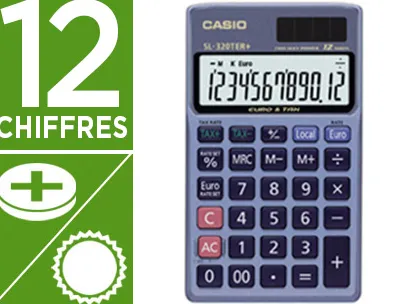 Calculatrice casio poche sl 320ter+ écran géant étui convertisseur monnaie mémoire solaire/pile 70x118.5x8mm 55g