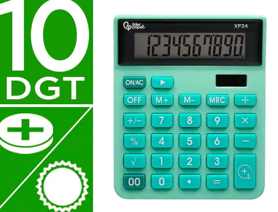 Calculatrice de bureau liderpapel xf24 10 chiffres solaire et piles 127x105x24 mm coloris vert