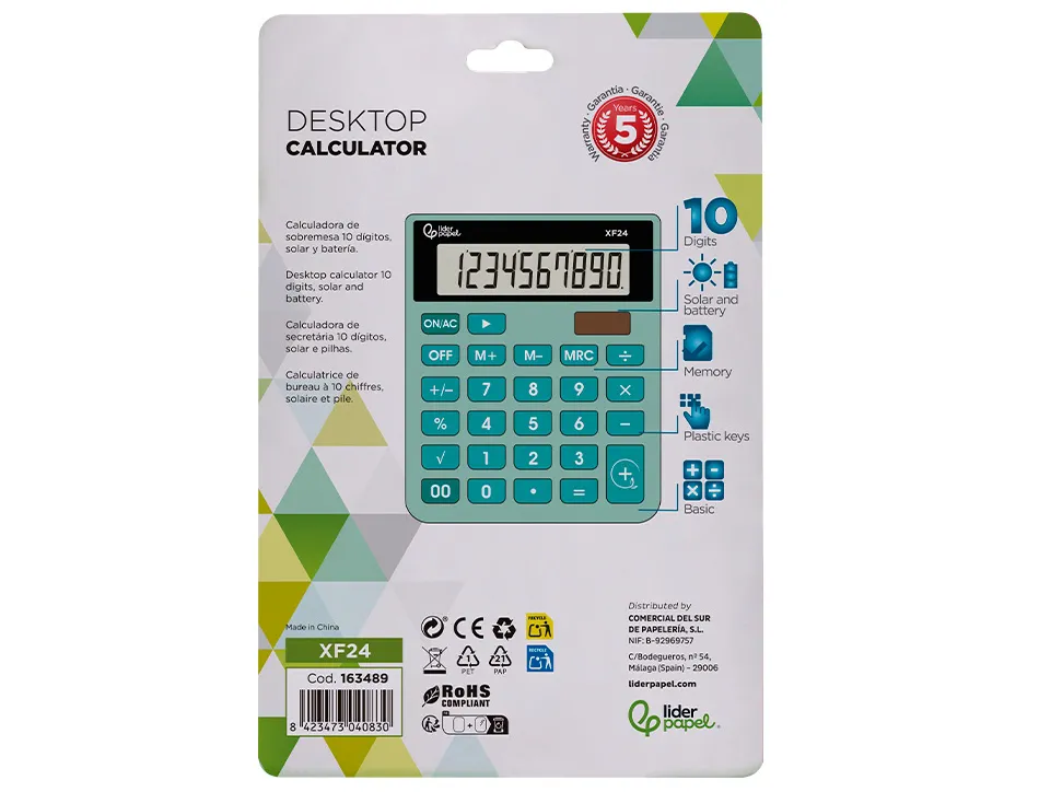 Calculatrice de bureau liderpapel xf24 10 chiffres solaire et piles 127x105x24 mm coloris vert