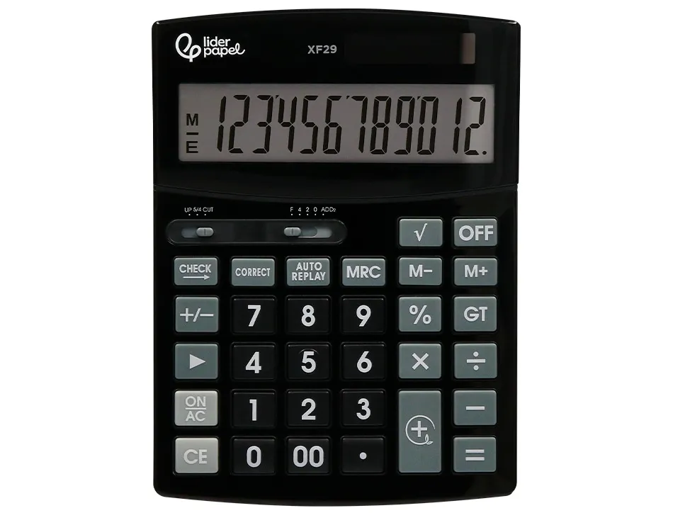 Calculatrice de bureau liderpapel xf29 12 chiffres taxes solaire et piles coloris noir 190x140x30 mm