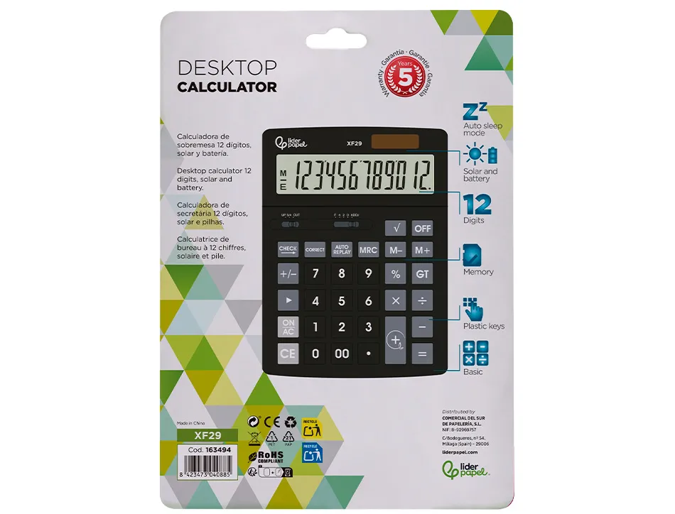 Calculatrice de bureau liderpapel xf29 12 chiffres taxes solaire et piles coloris noir 190x140x30 mm