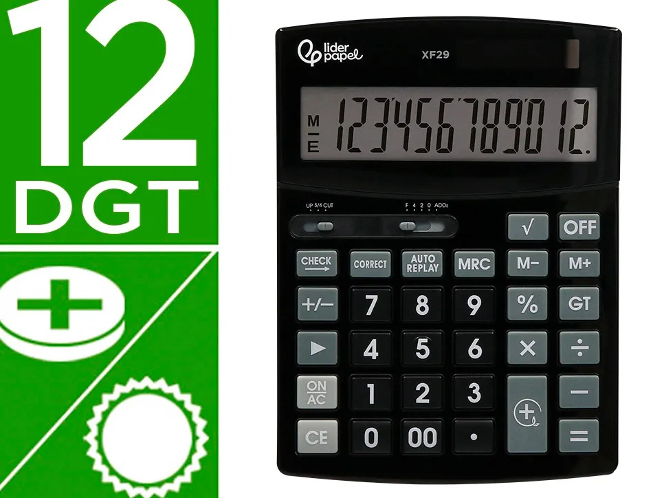 Calculatrice de bureau liderpapel xf29 12 chiffres taxes solaire et piles coloris noir 190x140x30 mm
