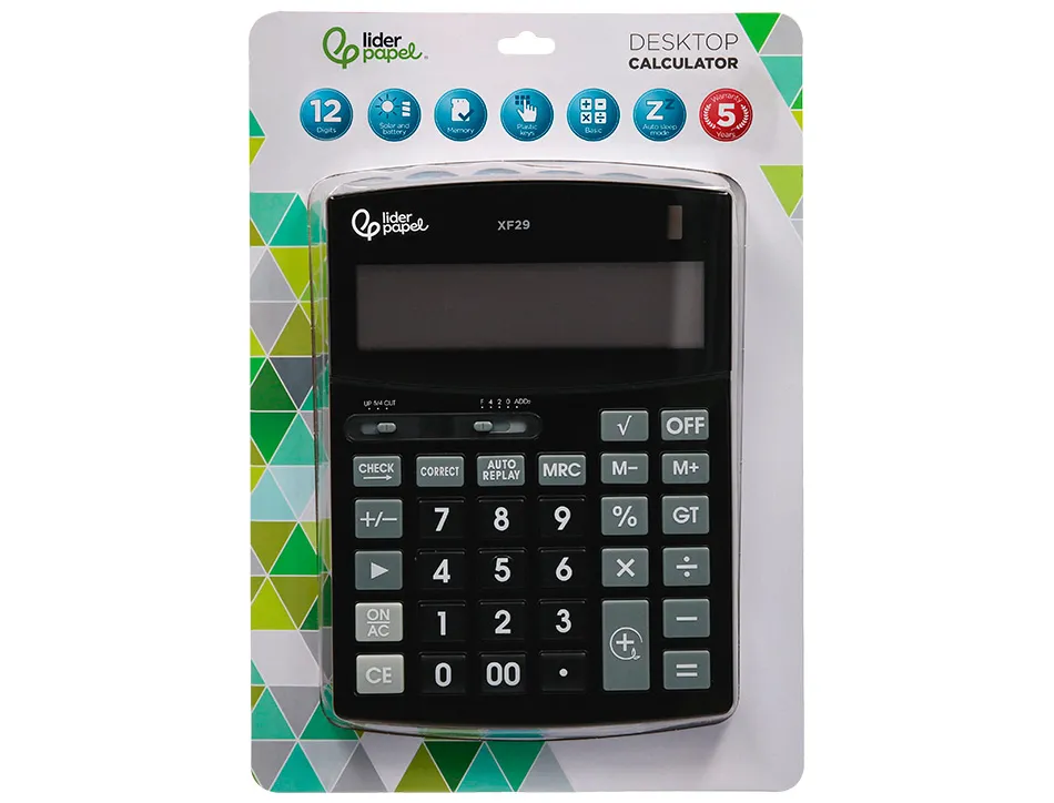 Calculatrice de bureau liderpapel xf29 12 chiffres taxes solaire et piles coloris noir 190x140x30 mm