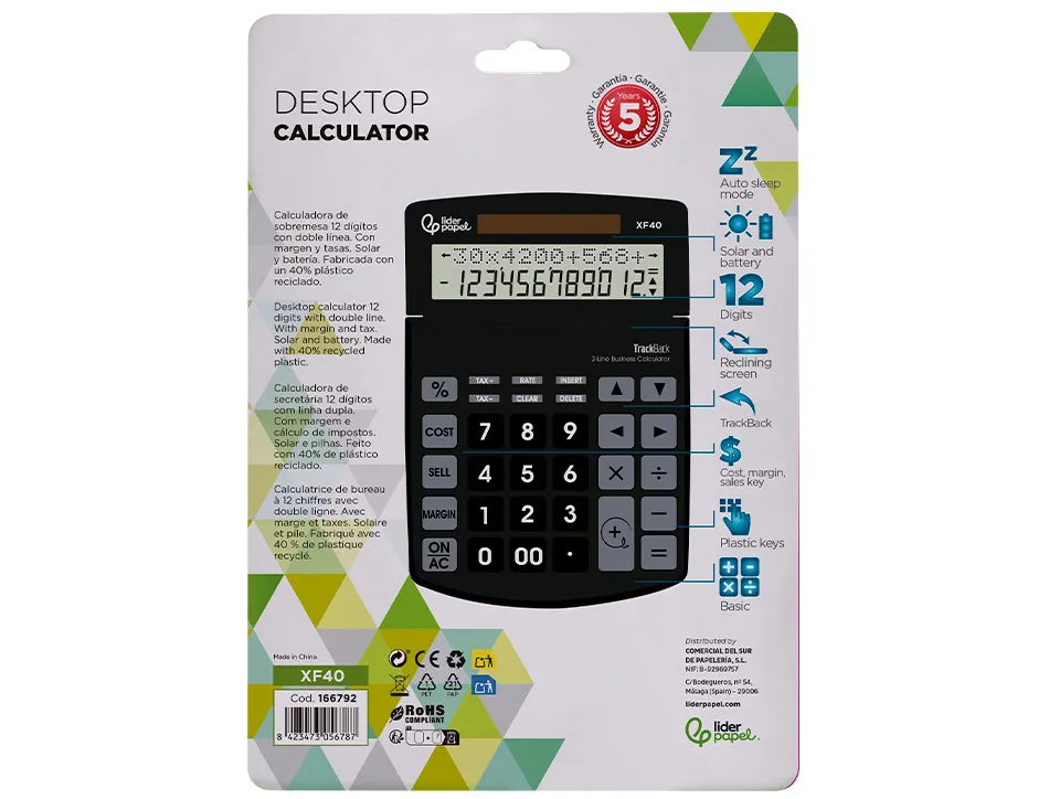 Calculatrice de bureau liderpapel xf40 12 chiffres double ligne solaire et piles 175x120x30mm coloris noir