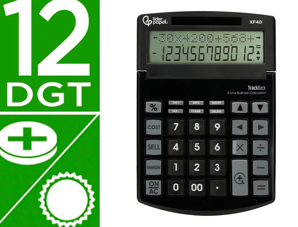 Calculatrice de bureau liderpapel xf40 12 chiffres double ligne solaire et piles 175x120x30mm coloris noir