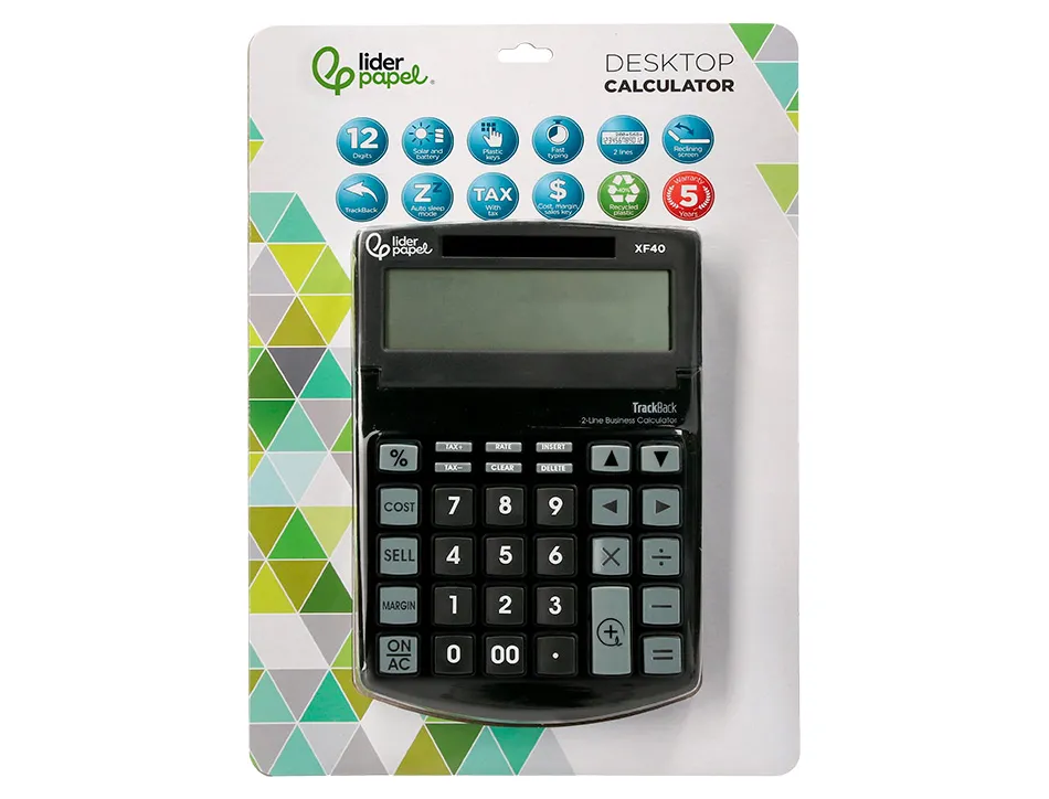 Calculatrice de bureau liderpapel xf40 12 chiffres double ligne solaire et piles 175x120x30mm coloris noir