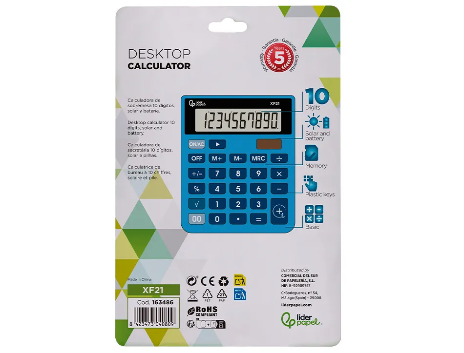 Calculatrice de bureau liderpapel xf21 10 chiffres solaire et piles 127x105x24 mm coloris bleu