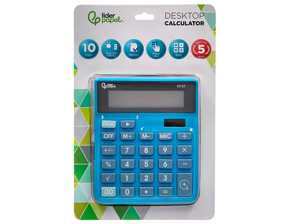 Calculatrice de bureau liderpapel xf21 10 chiffres solaire et piles 127x105x24 mm coloris bleu