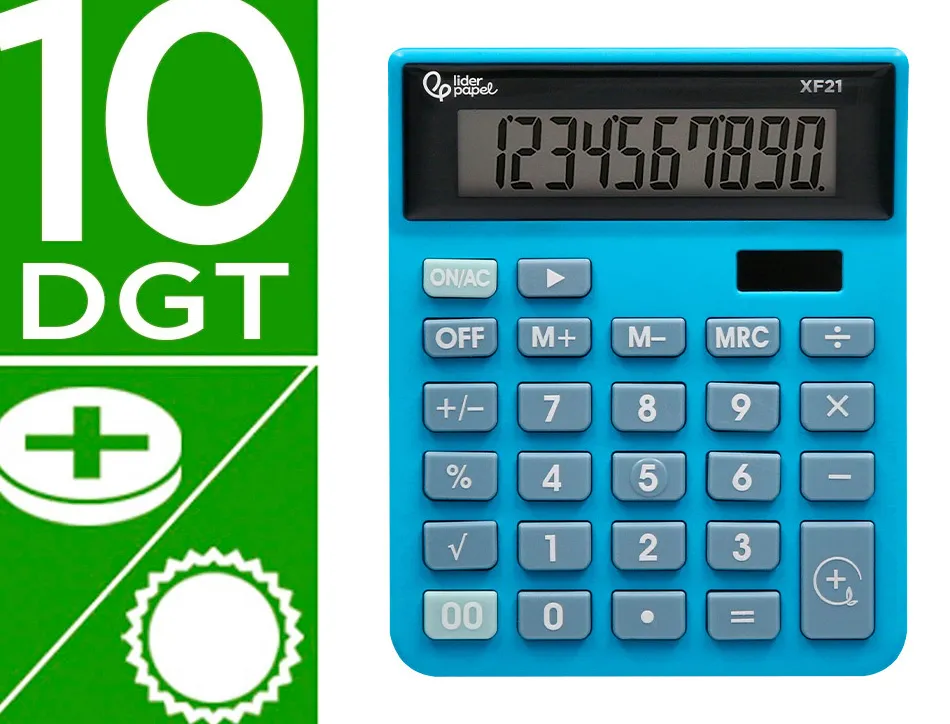 Calculatrice de bureau liderpapel xf21 10 chiffres solaire et piles 127x105x24 mm coloris bleu