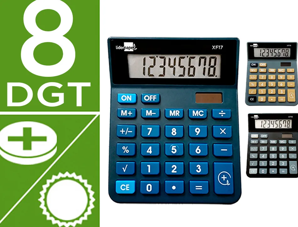 Calculatrice de bureau liderpapel xf16 8 chiffres solaire et piles 127x105x24 mm pr sentoir de 10u