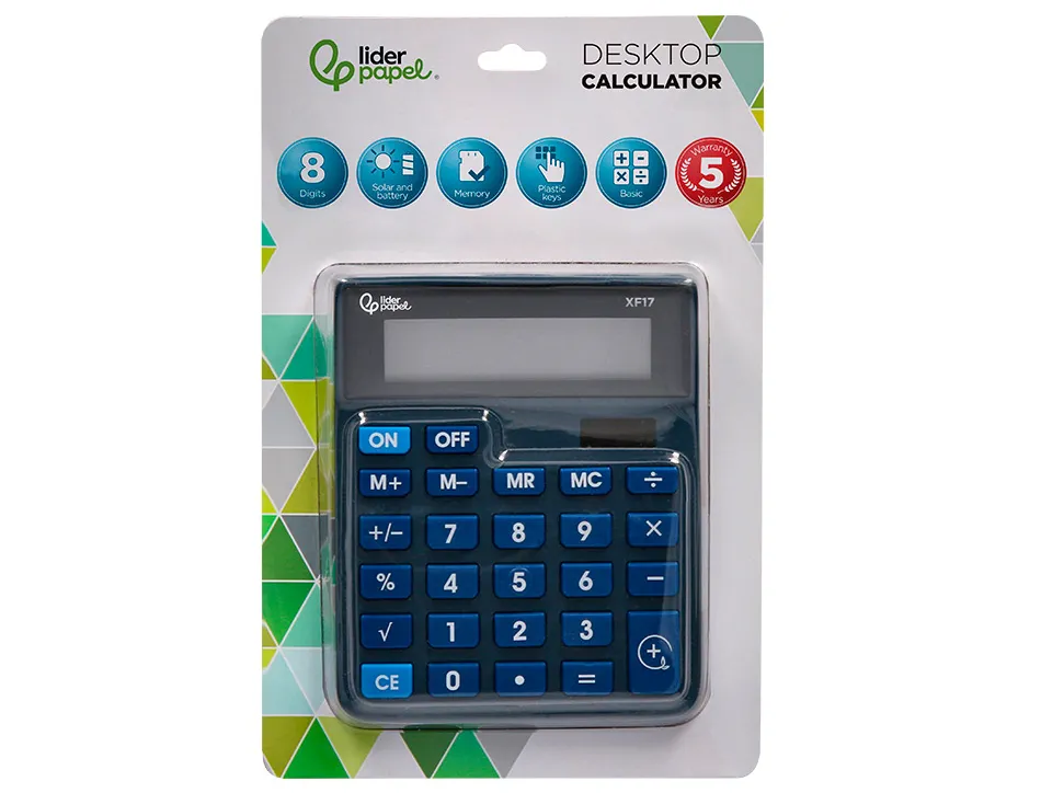 Calculatrice de bureau liderpapel xf17 8 chiffres solaire et piles 127x105x24 mm coloris bleu