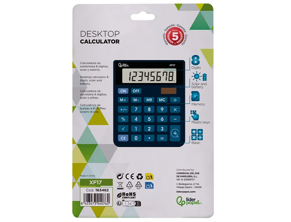 Calculatrice de bureau liderpapel xf17 8 chiffres solaire et piles 127x105x24 mm coloris bleu