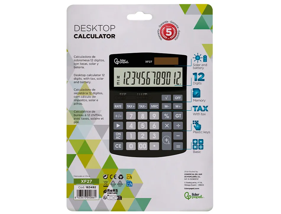 Calculatrice de bureau liderpapel xf27 12 chiffres taxes solaire et piles coloris noir 155x115x25 mm