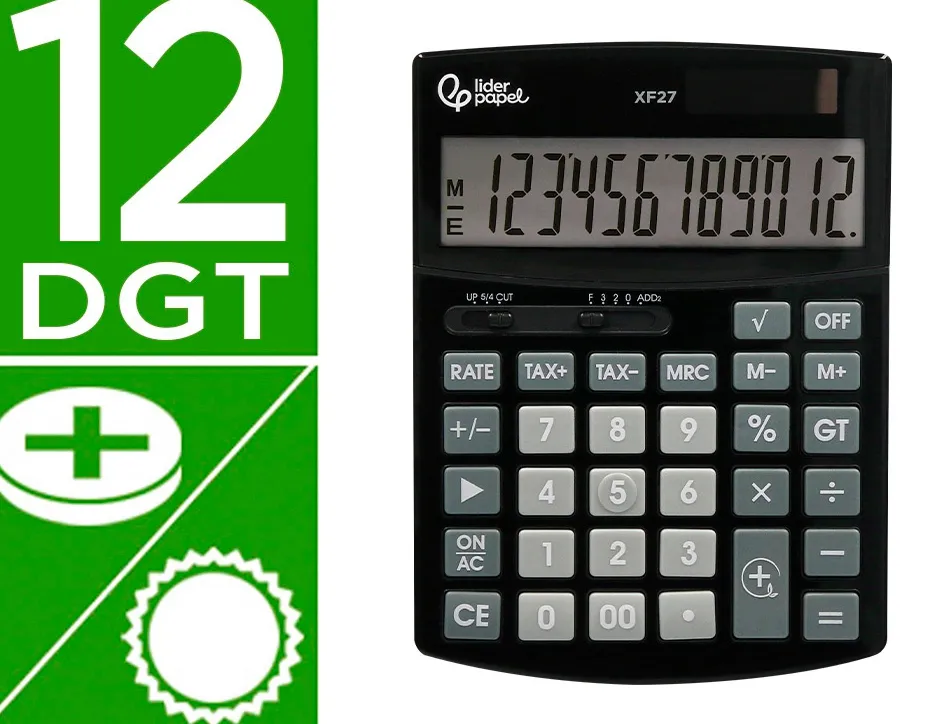 Calculatrice de bureau liderpapel xf27 12 chiffres taxes solaire et piles coloris noir 155x115x25 mm