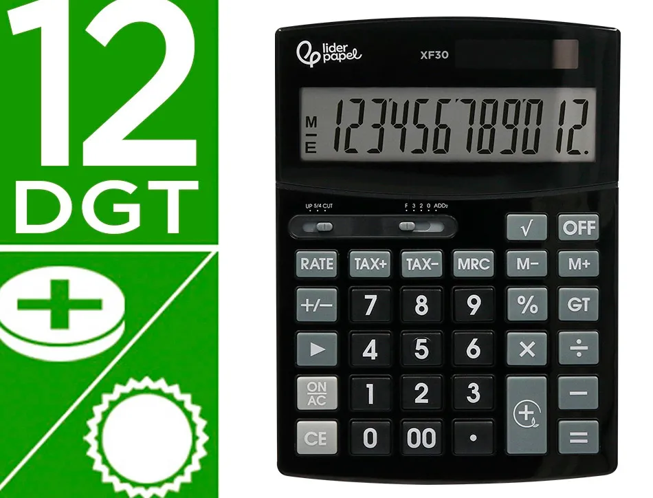 Calculatrice de bureau liderpapel xf30 12 chiffres correct auto-replay solaire et piles coloris noir