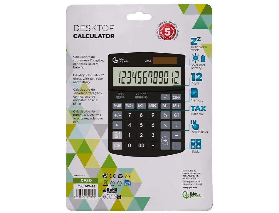 Calculatrice de bureau liderpapel xf30 12 chiffres correct auto-replay solaire et piles coloris noir