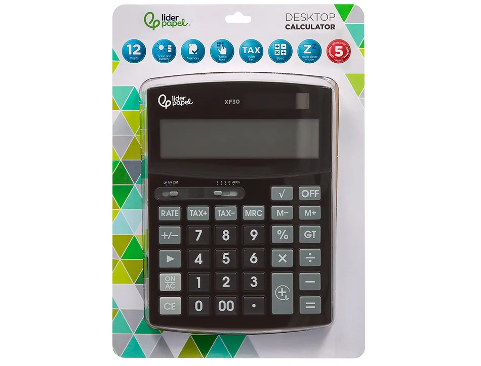 Calculatrice de bureau liderpapel xf30 12 chiffres correct auto-replay solaire et piles coloris noir