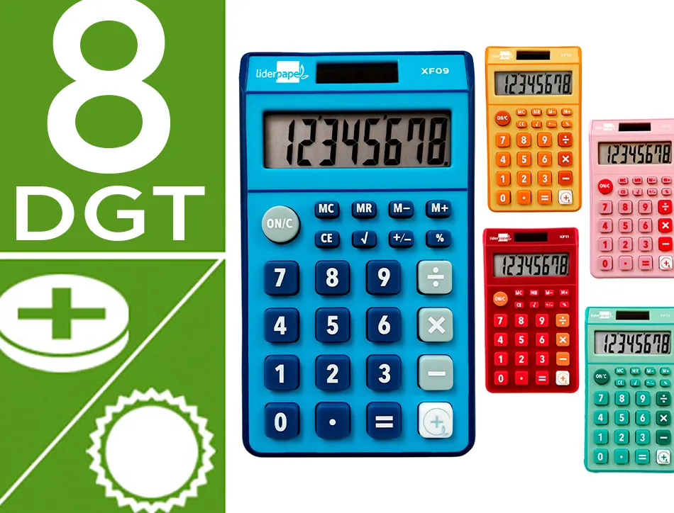 Calculatrice de poche liderpapel xf09 8 chiffres solaire et piles 115x65x8 mm presentoir de 16u