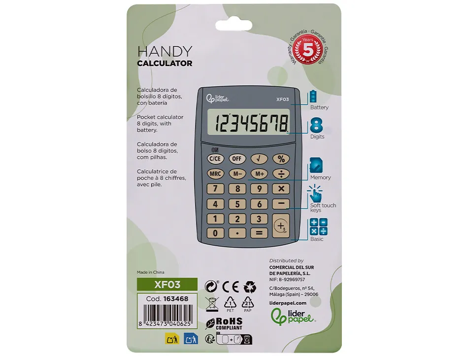 Calculatrice de poche liderpapel xf03 8 chiffres avec pile 99x64x9 mm coloris gris