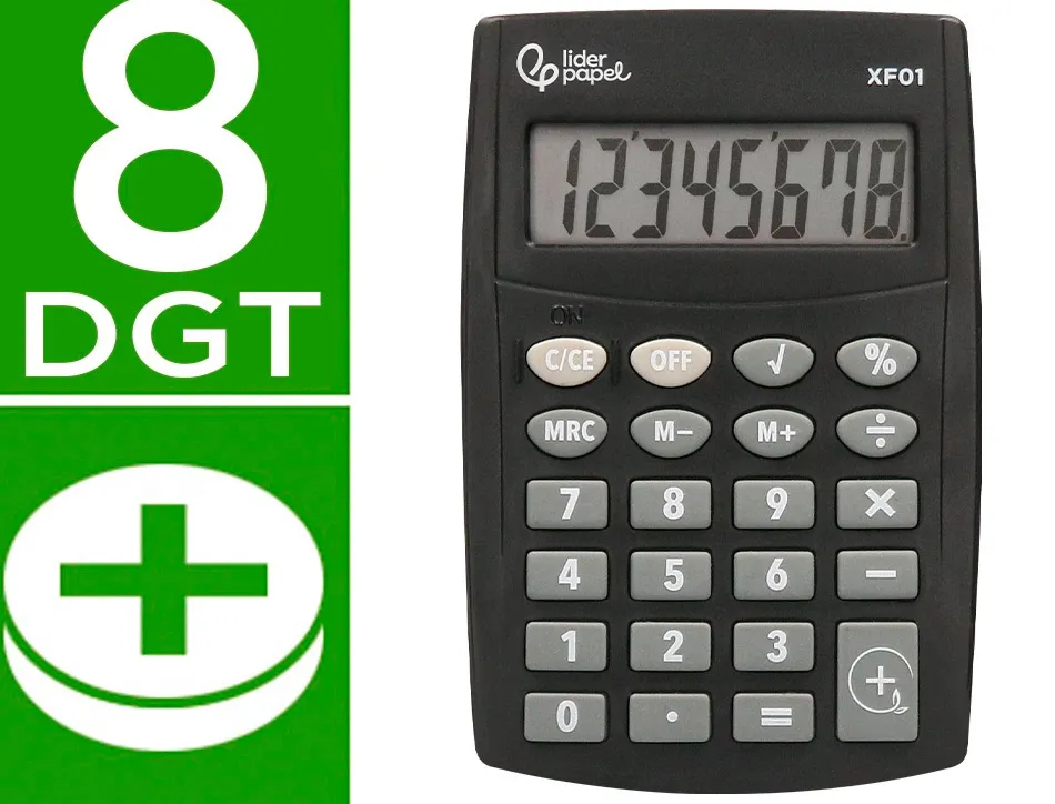Calculatrice de poche liderpapel xf01 8 chiffres avec pile 99x64x9 mm coloris noir