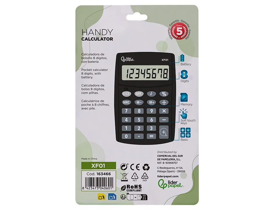Calculatrice de poche liderpapel xf01 8 chiffres avec pile 99x64x9 mm coloris noir
