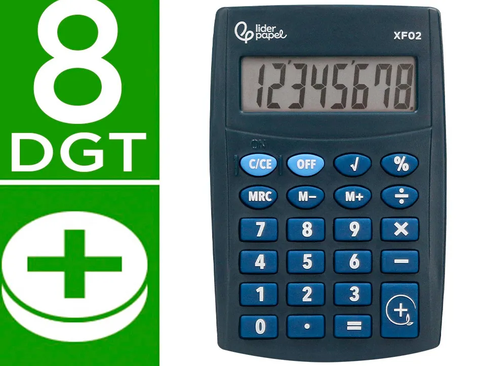 Calculatrice de poche liderpapel xf02 8 chiffres avec pile 99x64x9 mm coloris bleu