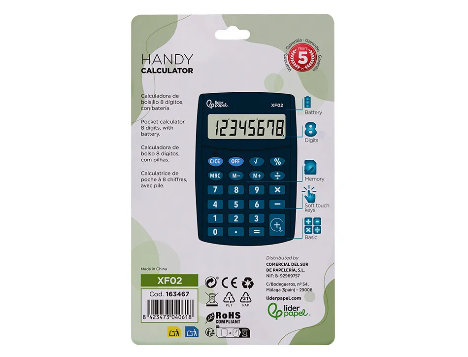 Calculatrice de poche liderpapel xf02 8 chiffres avec pile 99x64x9 mm coloris bleu