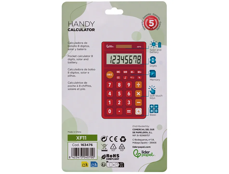 Calculatrice de poche liderpapel xf11 8 chiffres solaire et piles 115x65x8 mm coloris rouge