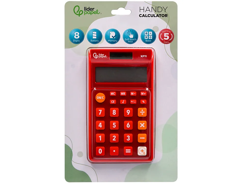 Calculatrice de poche liderpapel xf11 8 chiffres solaire et piles 115x65x8 mm coloris rouge