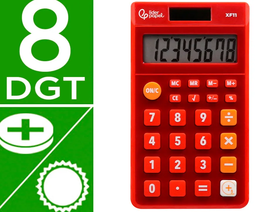 Calculatrice de poche liderpapel xf11 8 chiffres solaire et piles 115x65x8 mm coloris rouge