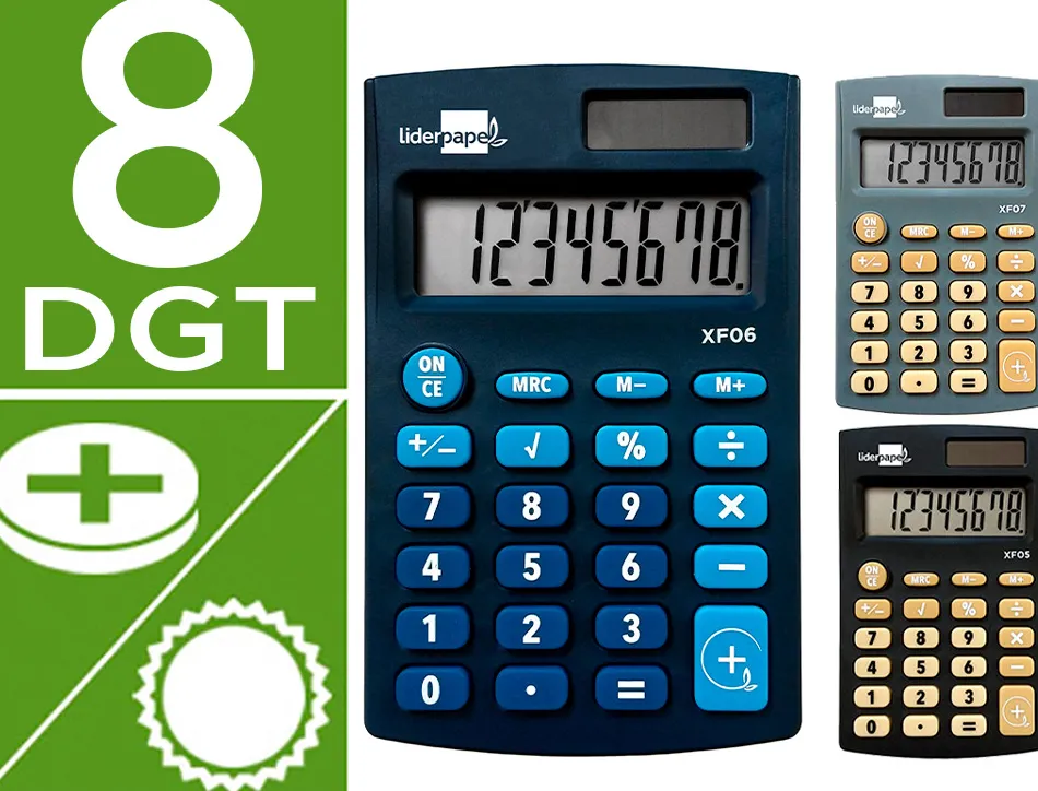 Calculatrice de poche xf05 8 chiffres solaire et piles 98x62x8 mm presentoir de 16u