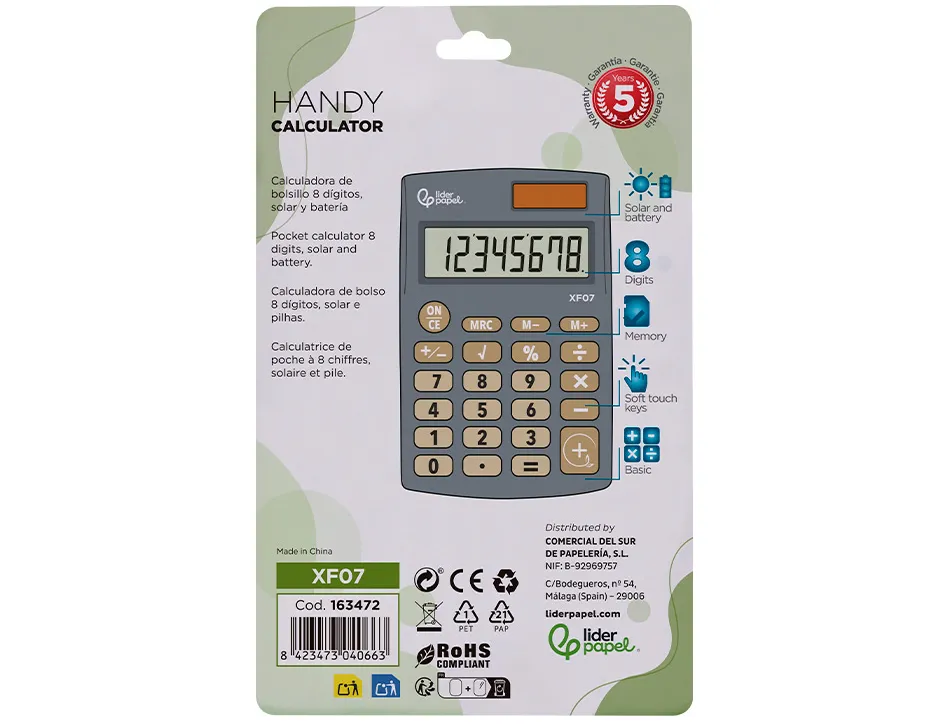 Calculatrice de poche xf05 8 chiffres solaire et piles 98x62x8 mm coloris gris