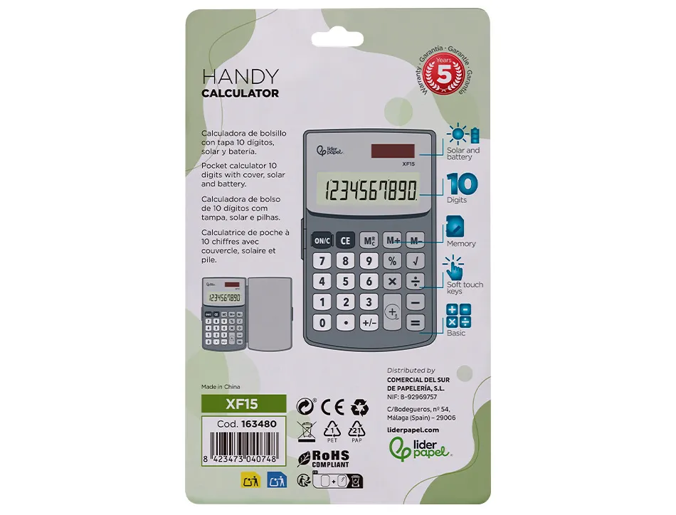 Calculatrice liderpapel de poche xf15 10 chiffres avec couvercle solaire et piles coloris gris 123x75x12 mm