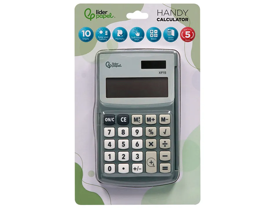 Calculatrice liderpapel de poche xf15 10 chiffres avec couvercle solaire et piles coloris gris 123x75x12 mm