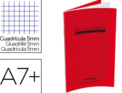 Carnet agrafé conquérant classique couverture polypropylène 9x14cm 96 pages 90g 5x5mm coloris rouge