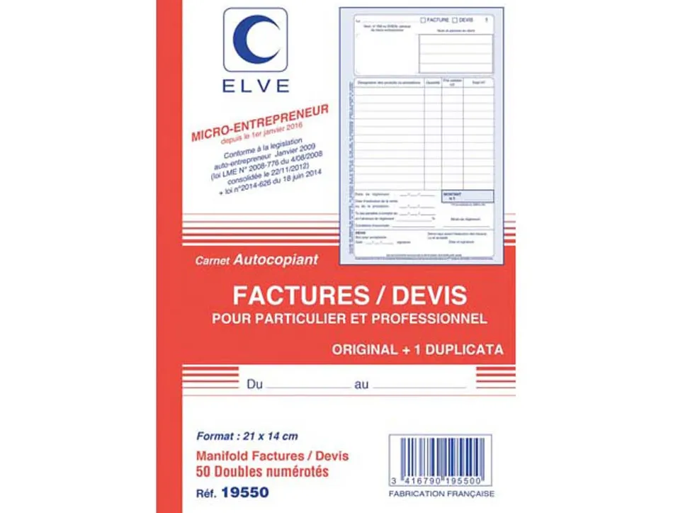 Carnet elve factures/devis pour auto-entrepreneurs 21x14cm 50 duplis