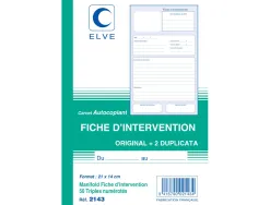 Carnet elve fiches intervention 21x14cm 50 feuillets numérotés en tripli original + 2 duplicata
