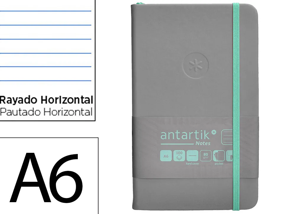 Carnet fermeture elastique turquoise antartik notes couverture rigide a6 ligne 100feuilles 80gr fsc coloris gris