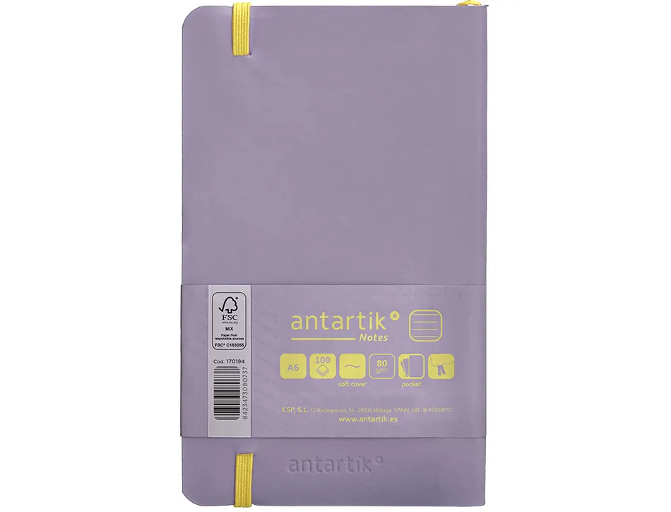Carnet fermeture elastique jaune antartik notes couverture souple a6 ligne 100 feuilles 80gr fsc coloris lilas
