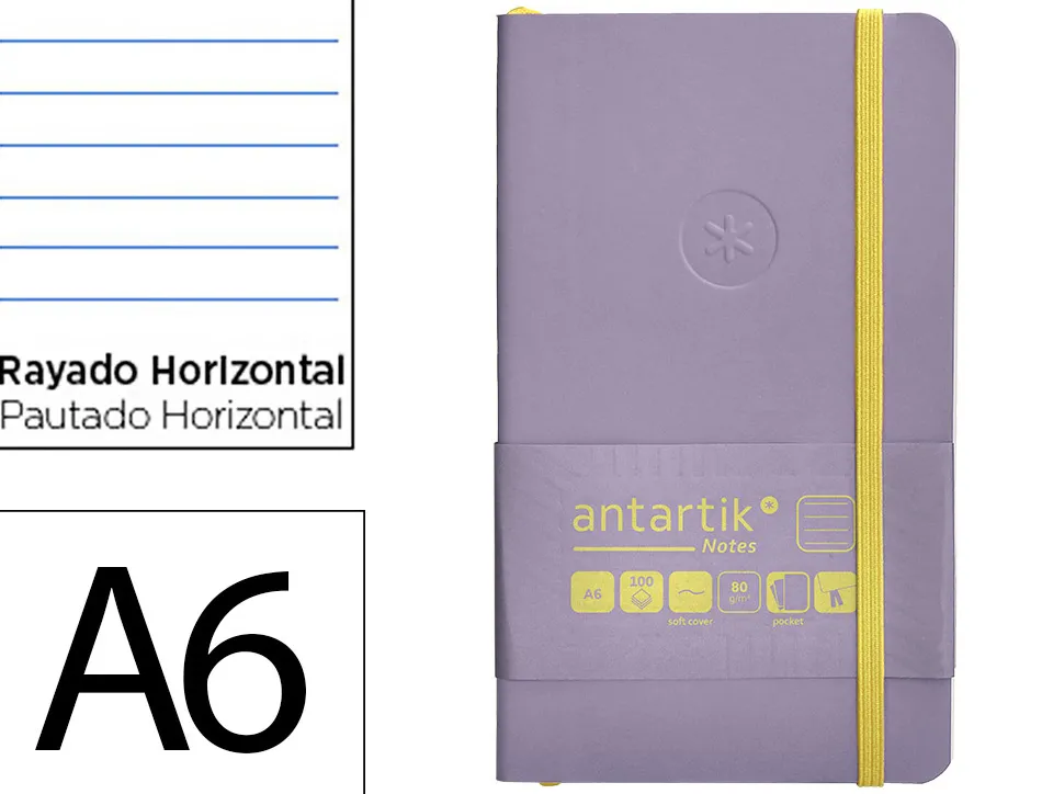 Carnet fermeture elastique jaune antartik notes couverture souple a6 ligne 100 feuilles 80gr fsc coloris lilas