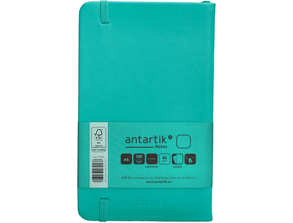 Carnet fermeture elastique antartik notes couverture rigide a6 papier uni ivoire 100 feuilles 80gr fsc turquoise
