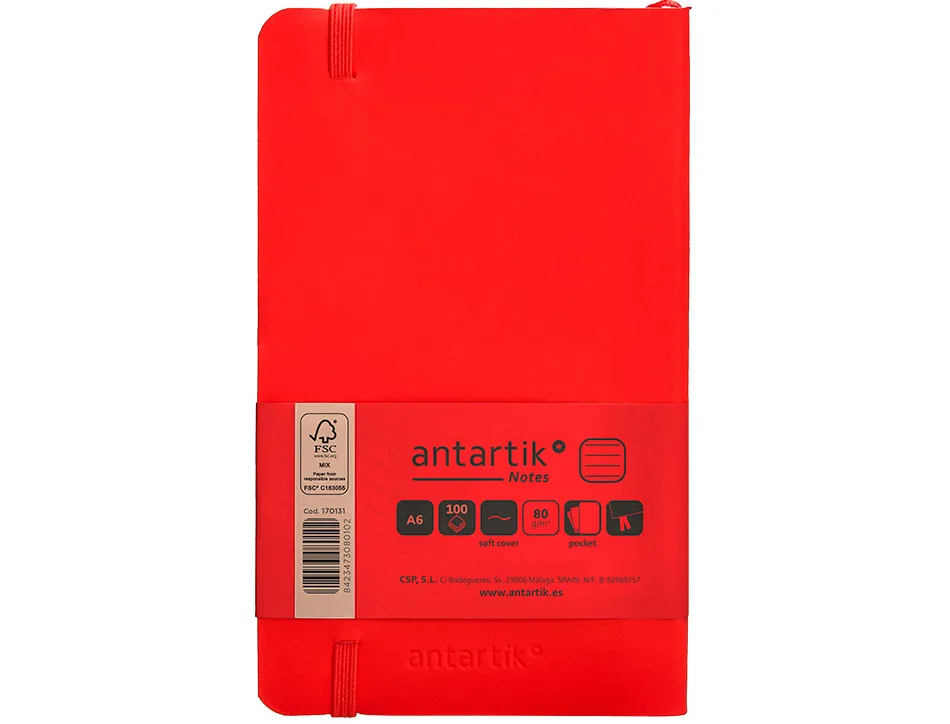 Carnet fermeture elastique antartik notes couverture souple a6 ligne 100 feuilles 80gr fsc coloris rouge