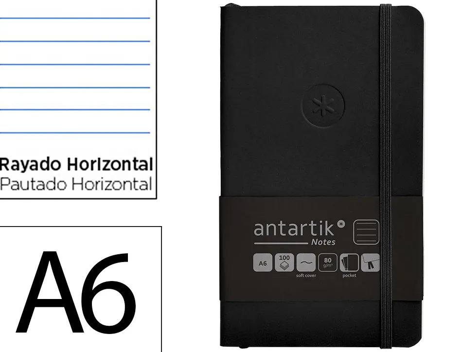 Carnet fermeture elastique antartik notes couverture souple a6 ligne 100 feuilles 80gr fsc coloris noir