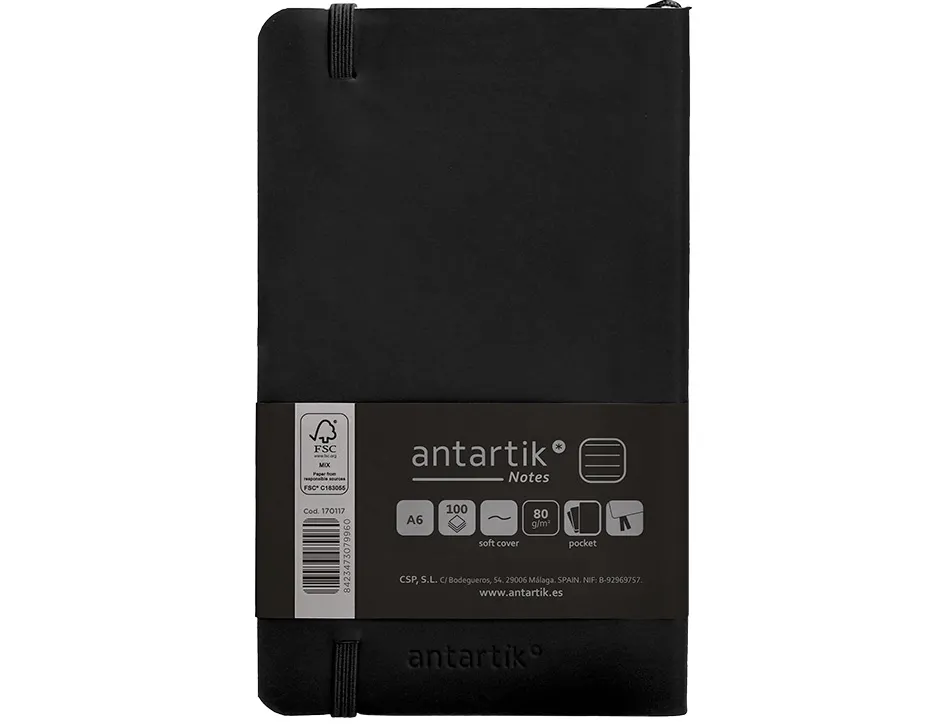 Carnet fermeture elastique antartik notes couverture souple a6 ligne 100 feuilles 80gr fsc coloris noir