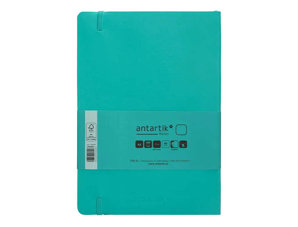 Carnet fermeture elastique antartik notes couverture souple a5 papier uni ivoire 100 feuilles 80gr fsc turquoise