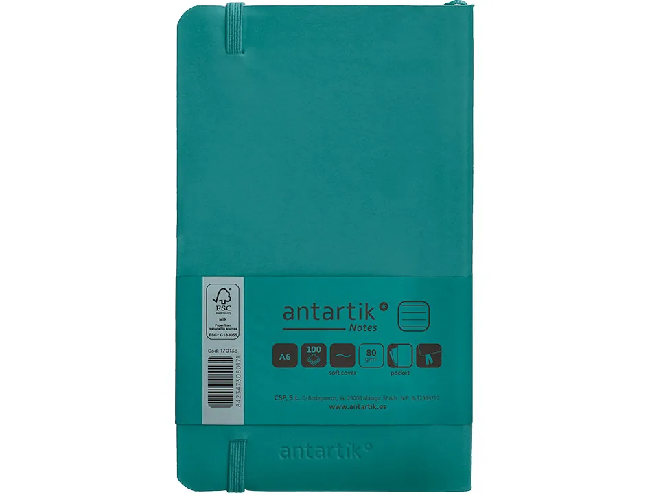 Carnet fermeture elastique antartik notes couverture souple a6 ligne 100 feuilles 80gr fsc coloris vert paon