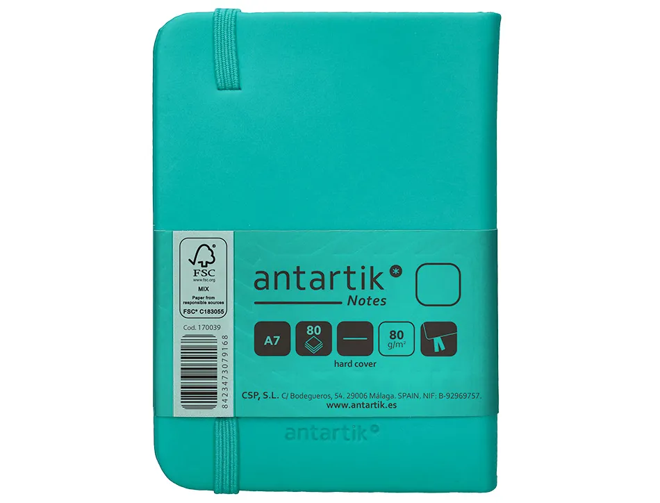 Carnet fermeture elastique antartik notes couverture rigide a7 papier uni ivoire 80 feuilles 80gr fsc turquoise