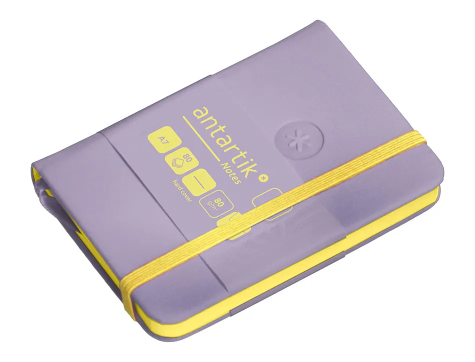 Carnet fermeture elastique jaune antartik notes couverture rigide a7 papier uni ivoire 80 feuilles 80gr fsc lilas